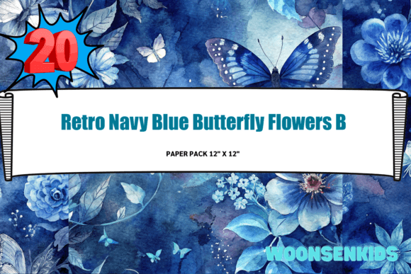 Download New Retro Navy Blue Butterfly Flowers Background Watercolor Png Kdp Digital Paper - Round Collection