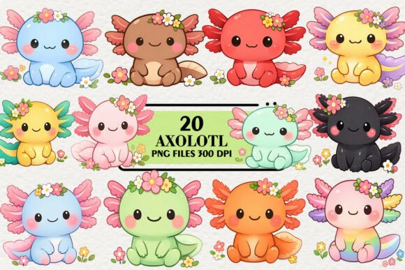 Download Kawaii Axolotl Floral Clipart Bundle - Clipart bundle Collection